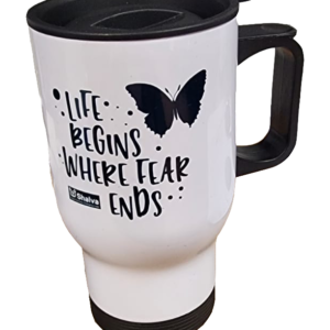 14 OZ white thermal mug-life begins when fear ends