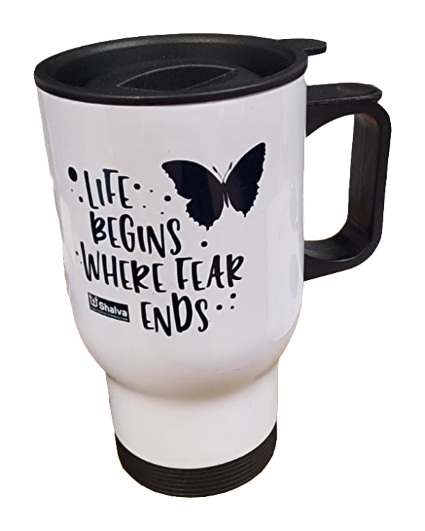 14 OZ white thermal mug-life begins when fear ends